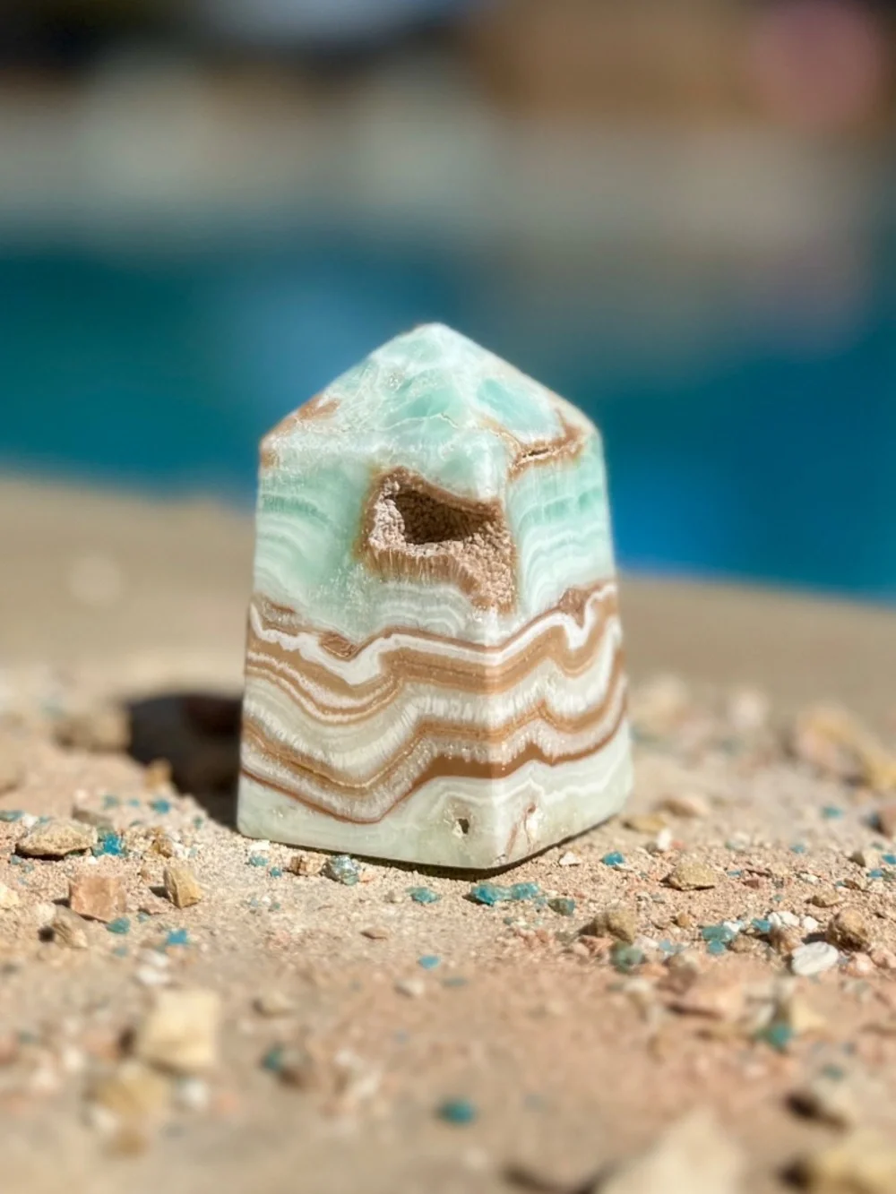 AAA Caribbean Blue Green Banded Aragonite Calcite Crystal Tower